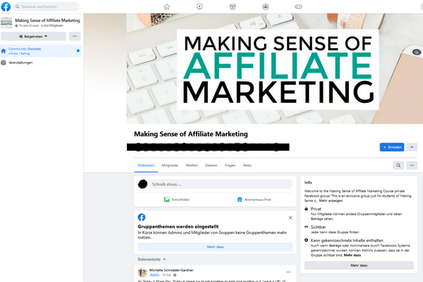 best course for affiliate marketing, screenshot of the facebook group Making Sense of Affiliate Marketing