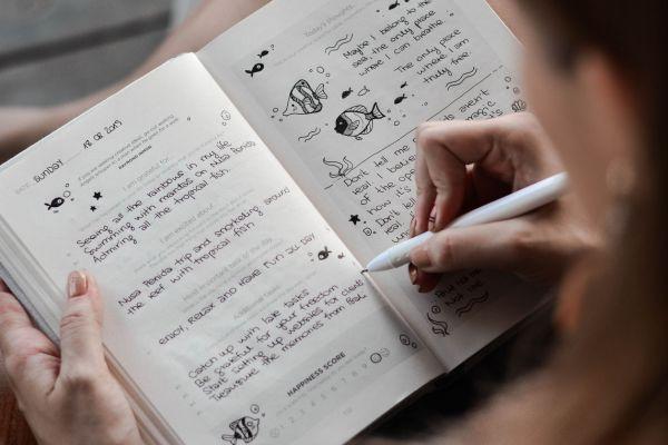 The photo illustrates a woman writing a manifestation journal