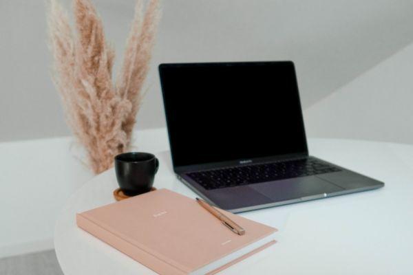 Laptop, artificial flowers , journal, and a coffee mug (as seen on the desk) could be great gifts for female entrepreneurs.