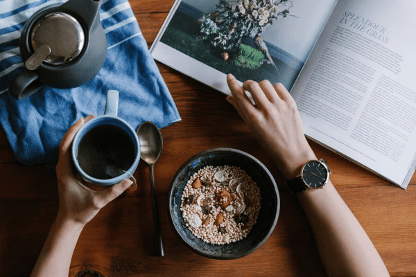 daily routine habits of a girl in the morning with coffee